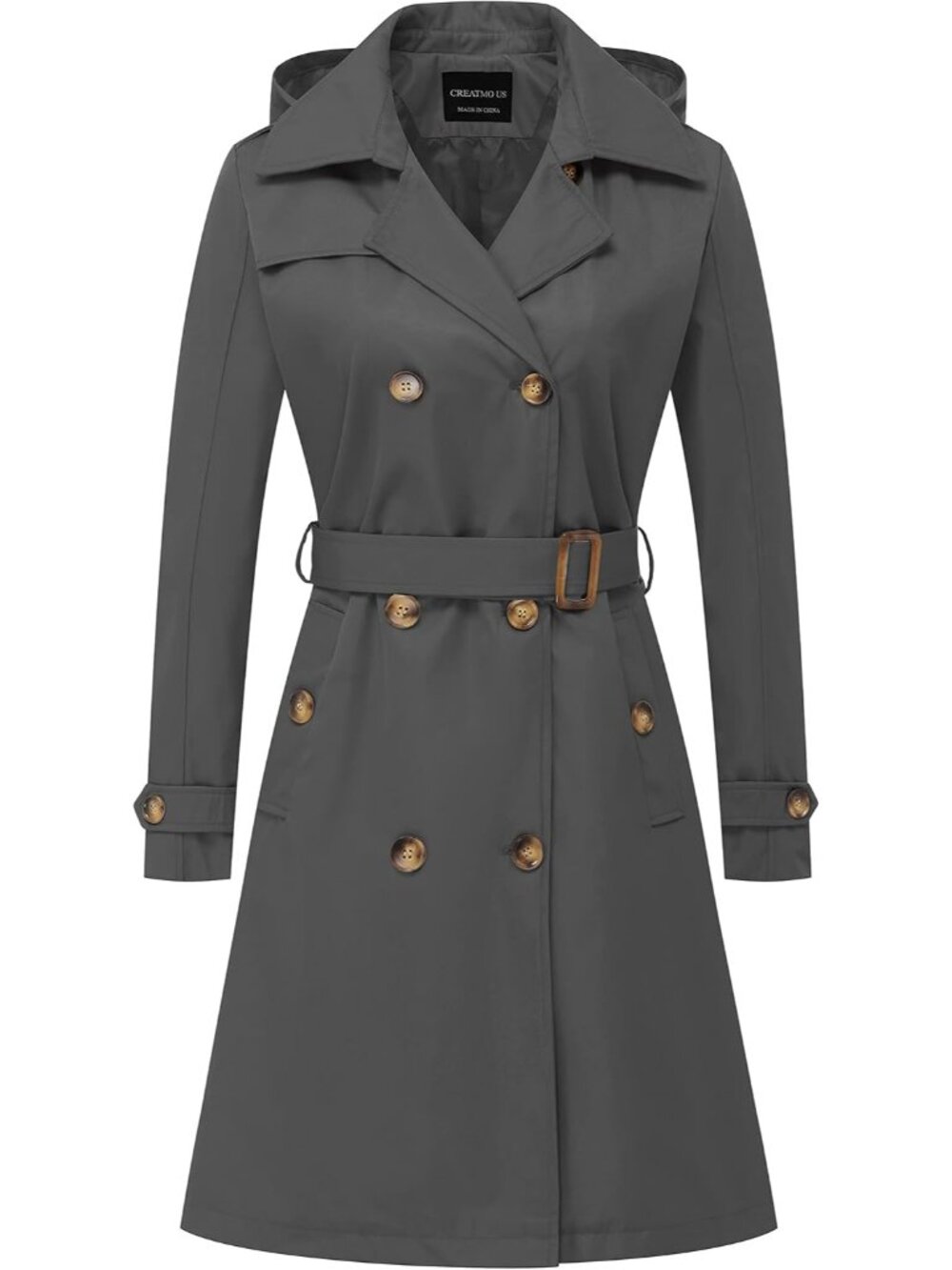Women's Grey Lapel Collar Cuff Sleeve Overcoat Belted Slim Outerwear Trench Coat